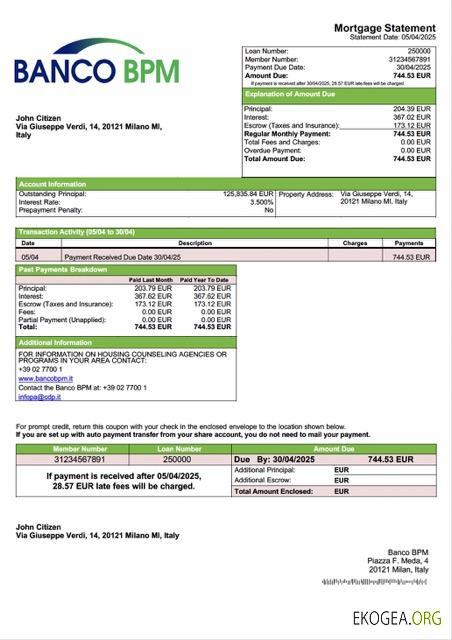 Modèle Word et PDF de relevé hypothécaire de la Banco BPM en Italie